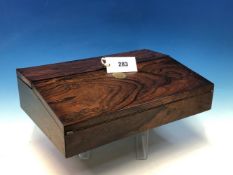 A VICTORIAN ROSEWOOD WRITING BOX OPEN TO REVEAL ORIGINAL BURGUNDY VELVET WRITING SURFACE, INWELL