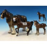 A BESWICK CART HORSE, TWO FOALS TOGETHER WITH A DOULTON BAY HORSE