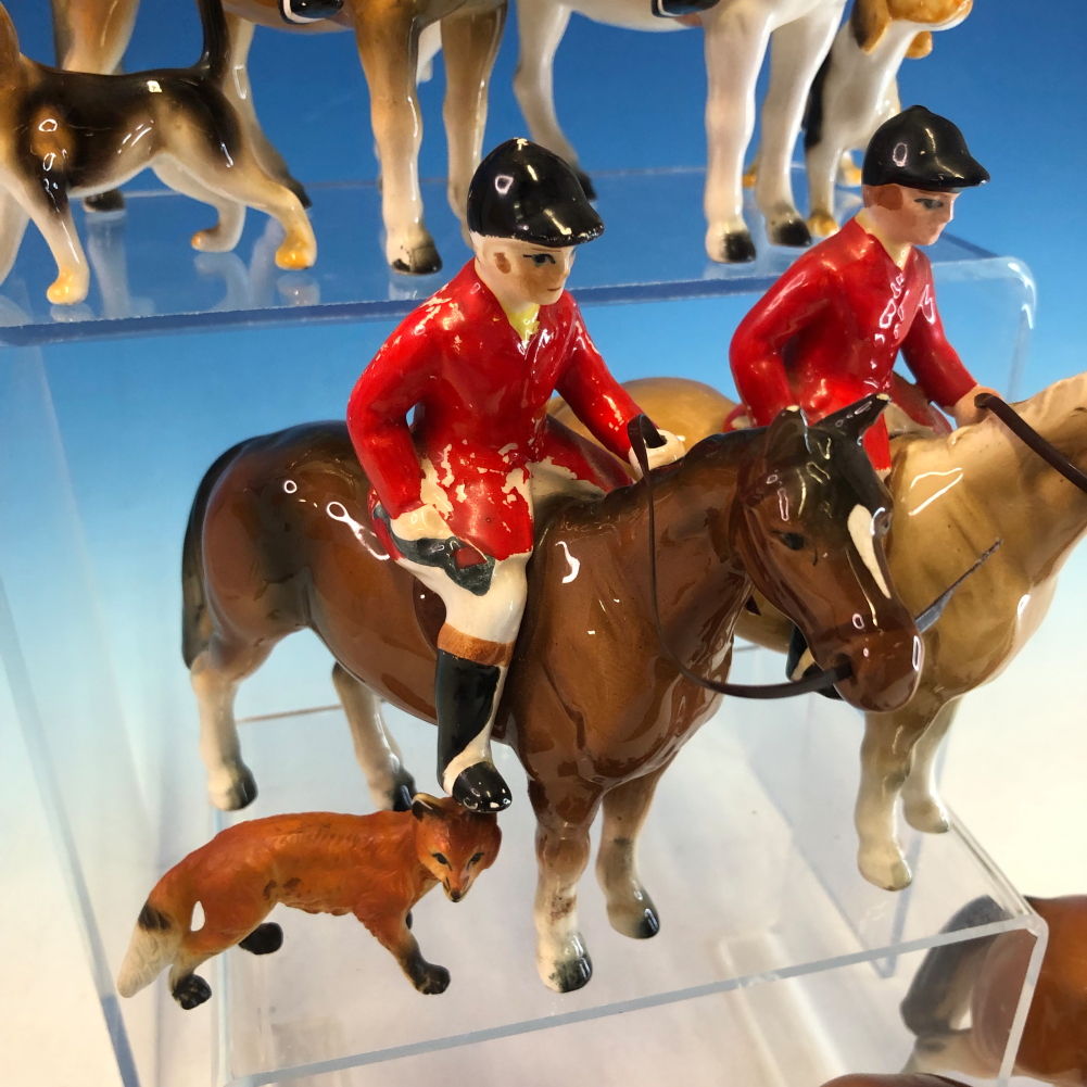 SEVEN BESWICK STYLE POTTERY HUNTSMEN WITH HORSES, SIX HOUNDS AND A FOX, SOME STAMPED FOREIGN - Image 12 of 16