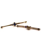 AN EDWARDIAN SAPPHIRE AND PEARL BAR BROOCH, STAMPED 15ct TOGETHER WITH A FURTHER AMETHYST AND