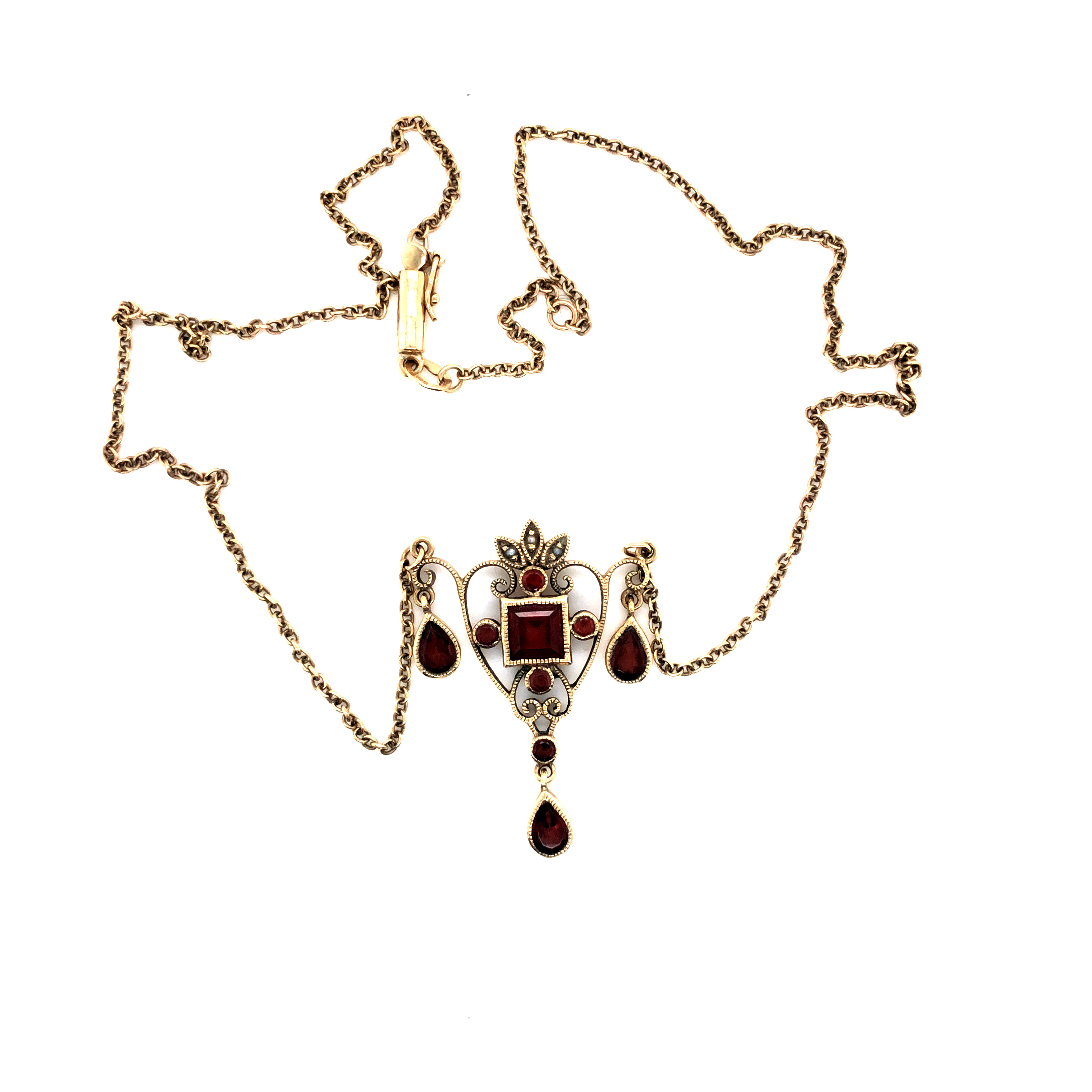 A 9ct HALLMARKED GOLD, GARNET AND SEED PEARL LAVALIERE STYLE NECKLACE. THE HEART FORM PENDANT WITH - Image 2 of 4