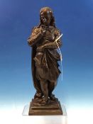 A 19th C. BRONZE FIGURE OF MILTON, STANDING PENSIVELY WITH HIS RIGHT HAND RAISED TO HIS CHIN, A BOOK