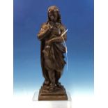 A 19th C. BRONZE FIGURE OF MILTON, STANDING PENSIVELY WITH HIS RIGHT HAND RAISED TO HIS CHIN, A BOOK