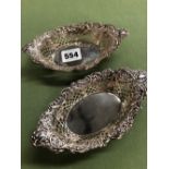 A PAIR OF HALLMARKED SILVER PIN TRAYS WITH LATTICE PIERCED AND FOLIATE DESIGN. DATED 1895, FOR
