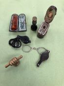 A 19TH CENTURY FOLDING PINZ NEZ WITH TORTOISHELL CASE, A THREE LENS LOUPE, TRAVELLING INKWELL,
