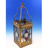 A VICTORIAN BRASS MOUNTED COLOURED LEADED GLASS LANTERN