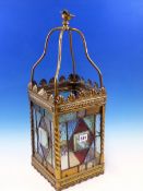 A VICTORIAN BRASS MOUNTED COLOURED LEADED GLASS LANTERN