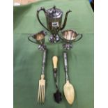 A GEORGIAN STYLE THREE PIECE SILVER PLATED COFFEE SET TOGETHER WITH A PAIR OF SALAD SERVERS WITH
