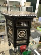 A FINE ANTIQUE EUROPEAN MOORISH STYLE EBONY OCCASIONAL TABLE WITH IVORY TORTOISESHELL MOTHER OF