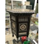 A FINE ANTIQUE EUROPEAN MOORISH STYLE EBONY OCCASIONAL TABLE WITH IVORY TORTOISESHELL MOTHER OF