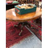 A 19th C MARQUETRIED BURR WALNUT OVAL BREAKFAST TABLE SUPPORTED ON A FOLIATE BASED COLUMN AND FOUR