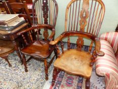 A PAIR OF YEW AND OAK WINDSOR CHAIRS