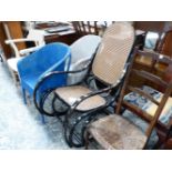 A CANED BENTWOOD ROCKING CHAIR, FIVE OTHER CHAIRS AND TWO LLOYD LOOM TYPE ARMCHAIRS