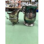 A HALLMARKED SILVER CREAM JUG AND A PINT TANKARD.