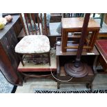 A VICTORIAN MAHOGANY STOOL, A CHAIR, A MAHOGANY STANDARD LAMP, A BEDSIDE CABINET AND A NEST OF THREE