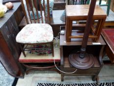 A VICTORIAN MAHOGANY STOOL, A CHAIR, A MAHOGANY STANDARD LAMP, A BEDSIDE CABINET AND A NEST OF THREE