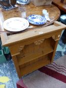 A SET OF PINE WALL SHELVES WITH ENCLOSED BACK TOGETHER WITH CROWN DERBY AND OTHER PLATES