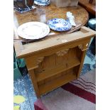 A SET OF PINE WALL SHELVES WITH ENCLOSED BACK TOGETHER WITH CROWN DERBY AND OTHER PLATES