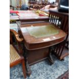 A 19th C. MARQUETRIED MAHOGANY DAVENPORT DESK WITH FOUR DRAWERS TO ONE SIDE OF THE GREEN LEATHER