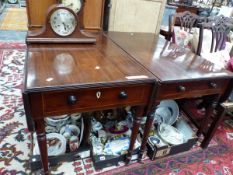 TWO SIMILAR GEORGE III MAHOGANY PEMBROKE TABLES, EACH WITH DRAWERS AND ON TAPERING CYLINDRICAL LEGS.