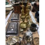 A SILVER CREAM BOAT, VARIOUS ELECTROPLATE, PAIRS OF BRASS CANDLESTICKS, TWO COPPER JUGS, ETC.