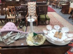 A PAIR OF GREY PAINTED METAL TWO BRANCH WALL LIGHTS, A BEAD CEILING BASKET, A WHITE PAINTED TABLE