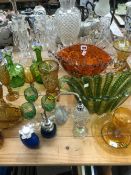 A PAIR OF LUSTRE GLASS CANDLESTICKS, ART AND BOHEMIAN GLASS, SCENT BOTTLES, ETC.