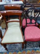 A PAIR OF EARLY 19th C. MAHOGANY CHAIRS WITH BROAD CURVED TOP RAILS, DROP IN SEATS AND OCTAGONAL