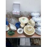 FOUR POUNTNEYS BLUE AND WHITE TUREENS, RIDGWAYS TEA AND DINNER WARES TOGETHER WITH VARIOUS GLASS.