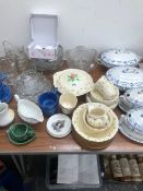 FOUR POUNTNEYS BLUE AND WHITE TUREENS, RIDGWAYS TEA AND DINNER WARES TOGETHER WITH VARIOUS GLASS.