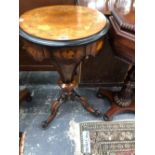 A VICTORIAN MAHOGANY WORK TABLE, THE FLORAL MARQUETRIED LID WITH EBONISED EDGE AND OPENING ONTO