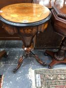 A VICTORIAN MAHOGANY WORK TABLE, THE FLORAL MARQUETRIED LID WITH EBONISED EDGE AND OPENING ONTO