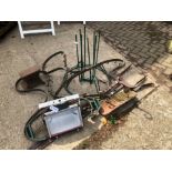 ANTIQUE IRON BENCH SUPPORTS, A FLOOD LIGHT, ANVIL ETC.