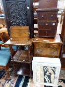 A MAHOGANY THREE TIER WHATNOT, A CORNER CUPBOARD, A LETTER RACK, MAHOGANY MONEY BOX, A STAINED