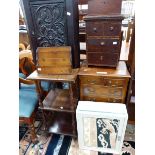 A MAHOGANY THREE TIER WHATNOT, A CORNER CUPBOARD, A LETTER RACK, MAHOGANY MONEY BOX, A STAINED