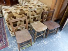 A SET OF FIVE CHILDRENS OAK SEATED KITCHEN CHAIRS AND ANOTHER WITH A TALLER BACK