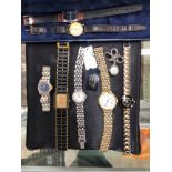 VARIOUS WATCHES TO INCLUDE RADO, CHRISTIAN DIOR, LONGINES, TISSOT, A SILVER AND MARCASITE FOB