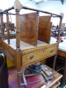 A 19th C. MAHOGANY THREE COMPARTMENT CANTERBURY WITH A SINGLE DRAWER ABOVE THE SPIRAL TURNED LEGS ON