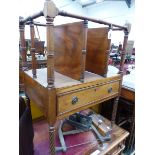 A 19th C. MAHOGANY THREE COMPARTMENT CANTERBURY WITH A SINGLE DRAWER ABOVE THE SPIRAL TURNED LEGS ON