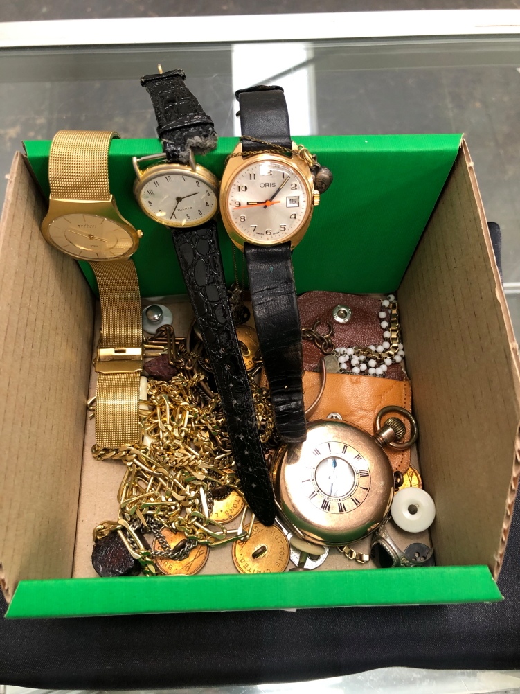 A ROLLED GOLD POCKET WATCH, GENTS WATCHES TO INCLUDE ORIS, AND SKAGEN VARIOUS GOLD PLATED CHAINS,