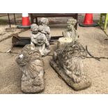 A COMPOSITE BUST ON STAND, A PAIR OF LIONS AND A FIGURE OF PUTTI PLAYING