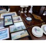A VINTAGE OAK CASE BAROMETER, BELLOWS, SEVEN VARIOUS WATERCOLOURS, TABLE LAMPS AND CHINA WARES.