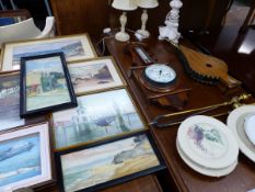 A VINTAGE OAK CASE BAROMETER, BELLOWS, SEVEN VARIOUS WATERCOLOURS, TABLE LAMPS AND CHINA WARES.
