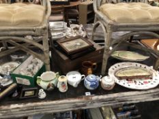 CRESTED WARES, CARLTON WARE AND OTHER CERAMICS, PRINTS, A WOODEN BOX AND ORNAMENTS