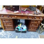 A 19th C. MAHOGANY PEDESTAL DESK, THE KNEEHOLE DRAWER FLANKED BY BANKS OF FOUR ON PLINTH FEET. W 121