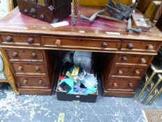 A 19th C. MAHOGANY PEDESTAL DESK, THE KNEEHOLE DRAWER FLANKED BY BANKS OF FOUR ON PLINTH FEET. W 121