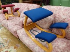 TWO STOKKE BENTWOOD ROCKING KNEELING CHAIRS UPHOLSTERED IN BLUE AND TERRACOTTA