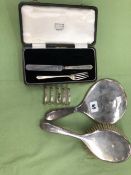 A HALLMARKED SILVER TOAST RACK, DRESSING TABLE BRUSH AND MIRROR ETC.