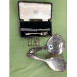 A HALLMARKED SILVER TOAST RACK, DRESSING TABLE BRUSH AND MIRROR ETC.