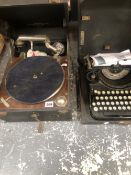 A VINTAGE TYPE WRITER TOGETHER WITH A COLUMBIA WIND UP GRAMOPHONE